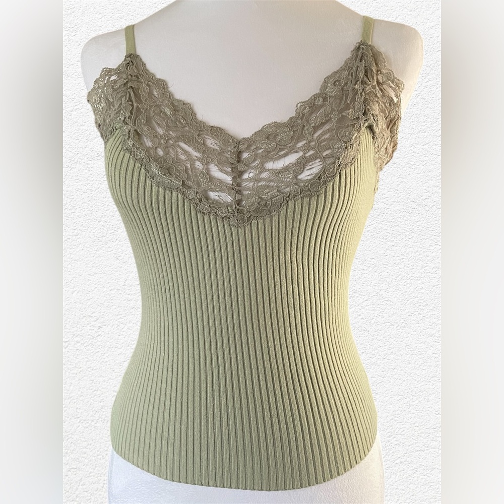 ING COLLECTION Women's Green Shirt Tank Top W/Lace Size S